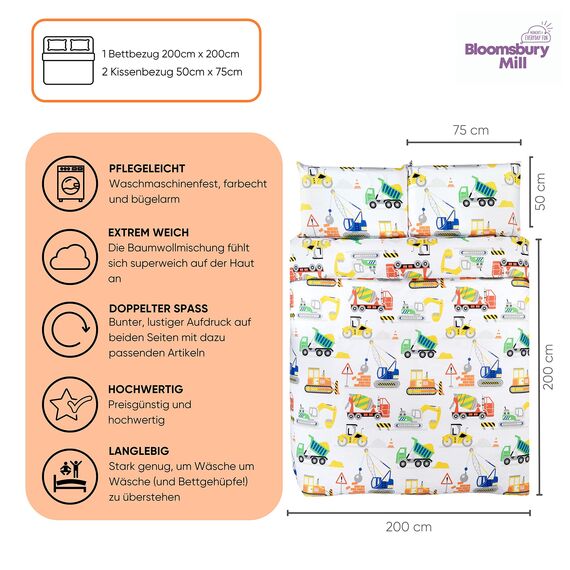 Bloomsbury Mill - Bettwäsche 200 x 200 cm Bagger Thema für Kinder - Doppelbett-Bettwäscheset Fahrzeuge für Jungen und Mädchen- Wendebettwäsche - und 2 Kissenbezug Set