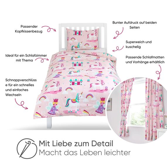 Bloomsbury Mill - Kinderbettwäsche 120 x 150cm Einhorn, Prinzessin und Regenbögen für Kinder - Baby Bettwäsche Mädchen - Rosa & Lila Wendebettwäsche und Kissenbezug-Set für Kleinkinder & Babybetten