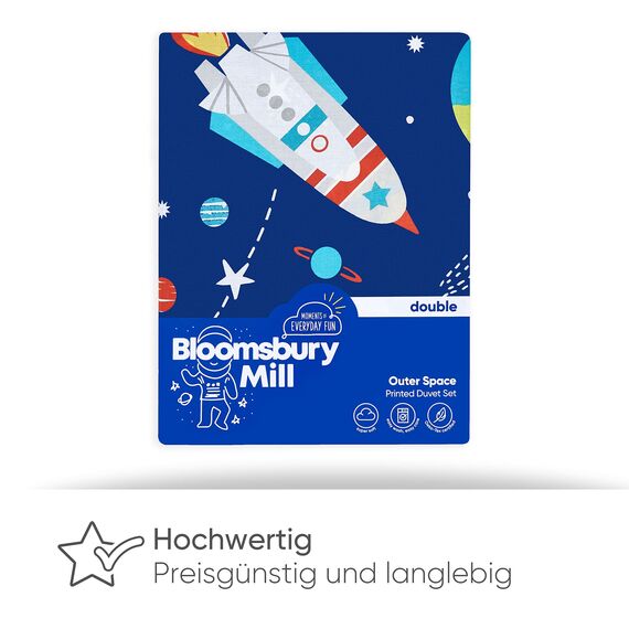Bloomsbury Mill - Bettwäsche 200 x 200 cm Weltraum, Astronaut & Raketen für Kinder – Doppelbett Bettwäscheset für Jungen und Mädchen – Blau Wendebettwäsche und 2 Kissenbezug Set