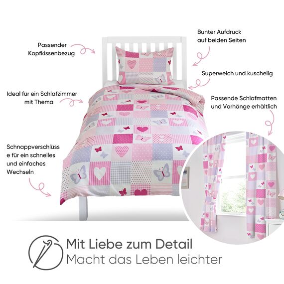 Bloomsbury Mill - Bettwäsche 200 x 200 cm Herzen & Schmetterlingen für Kinder – Doppelbett Bettwäscheset für Mädchen – Rosa & Lila Wendebettwäsche und 2 Kissenbezug Set