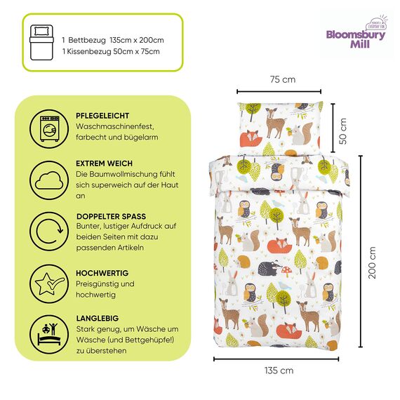 Bloomsbury Mill Bettwäsche 135 x 200 Waldtiere für Kinder - Kinderbettwäsche Set Mädchen und Jungen und Kissenbezug-Set – Eule, Fuchs & Hirsch Bettbezug- und Kissenbezug-Set für Einzelbett
