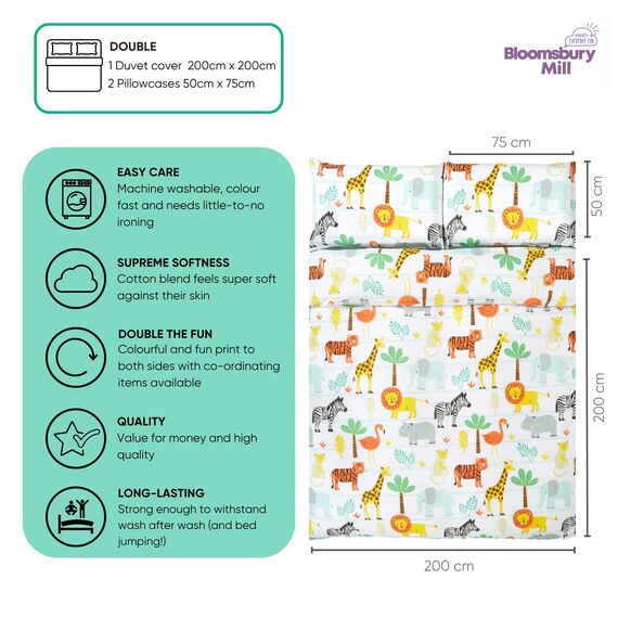 Bloomsbury Mill - Bettwäsche 200 x 200 cm Safari Tiere für Kinder – Doppelbett Bettwäscheset für Jungen und Mädchen – Zoo Tiere & Dschungel Wendebettwäsche und 2 Kissenbezug Set