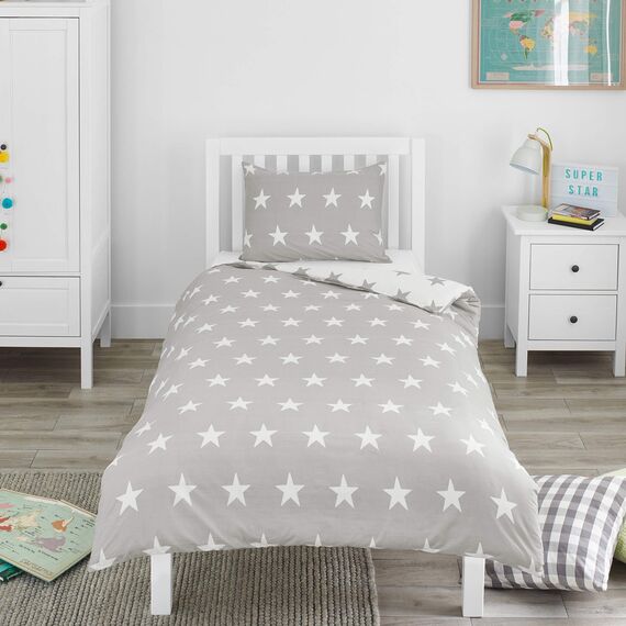 Bloomsbury Mill - Kinderbettwäsche 135x200 - Grau und Weiß Sterne - Bettwäsche 135x200 Kinder Set für Mädchen und Jungen - Wendebettwäsche und Kissenbezug - Einzelbettwäsche-Set