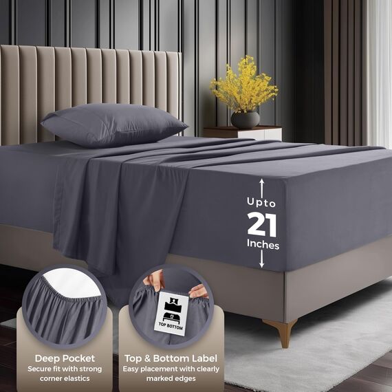 Bettlaken-Set für Doppelbetten von Utopia Bedding. Weiche Mikrofaser, 3-teilig, Hotel-Luxus-Bettlaken mit tiefen Taschen, besticktem Kissenbezug, Spannbettlaken mit seitlicher Aufbewahrungstasche,