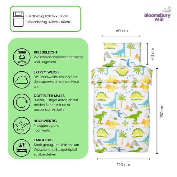 Bloomsbury Mill - Kinderbettwäsche 120 x 150cm Dinosaurier für Kinder - Baby Bettwäsche Mädchen und Jungen – Jurassic Dino Wendebettwäsche und Kissenbezug-Set für Kleinkinder & Babybetten