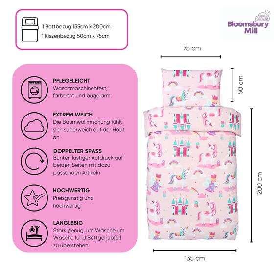 Bloomsbury Mill - Kinderbettwäsche 135x200 - Einhorn Bettwäsche Mädchen 135x200 - Prinzessin und Regenbögen - Kinder Wendebettwäsche und Kissenbezug Set - Rosa & Lila Einzelbettwäsche-Set