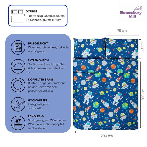 Bloomsbury Mill - Bettwäsche 200 x 200 cm Weltraum, Astronaut & Raketen für Kinder – Doppelbett Bettwäscheset für Jungen und Mädchen – Blau Wendebettwäsche und 2 Kissenbezug Set