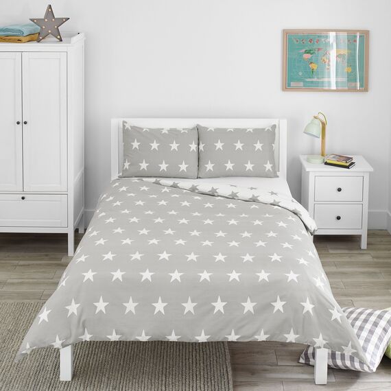 Bloomsbury Mill - Bettwäsche 200 x 200 cm Sterne für Kinder – Doppelbett Bettwäscheset für Jungen und Mädchen – Grau/Weiß Wendebettwäsche und 2 Kissenbezug Set