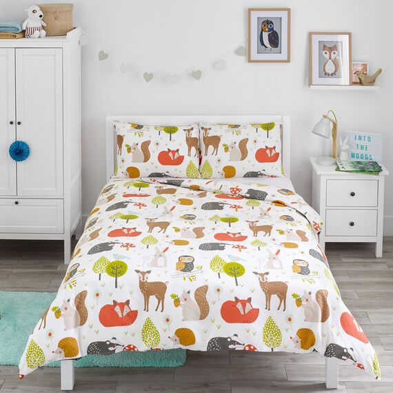 Bloomsbury Mill - Bettwäsche 200 x 200 cm Waldtiere für Kinder – Doppelbett Bettwäscheset für Jungen und Mädchen – Eule, Fuchs & Hirsch Wendebettwäsche und 2 Kissenbezug Set