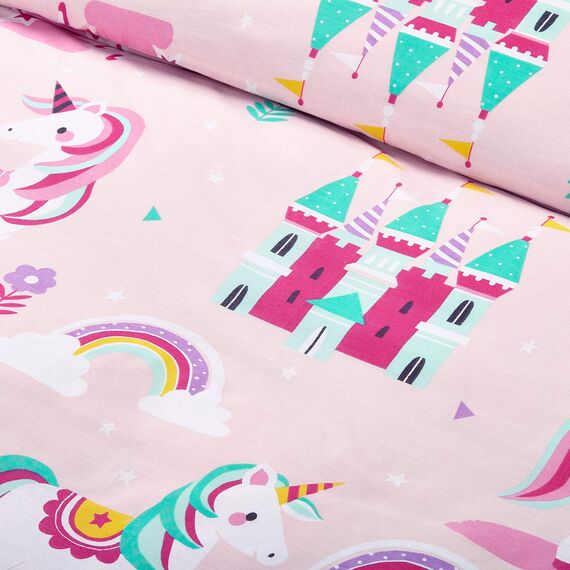 Bloomsbury Mill - Magisches Einhorn, Märchenprinzessin und verzaubertes Schloss - Rosa - Zwei Kissenbezüge (zusätzlich) - 50cm x 75cm