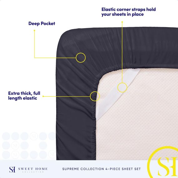 Sweet Home Collection Bettwäsche-Set, Fadenzahl 1800, ägyptische Qualität, gebürstete Mikrofaser, 4-teilig, Tiefe Taschen, Wohnmobil, Kurze Queensize-Bett, Marineblau