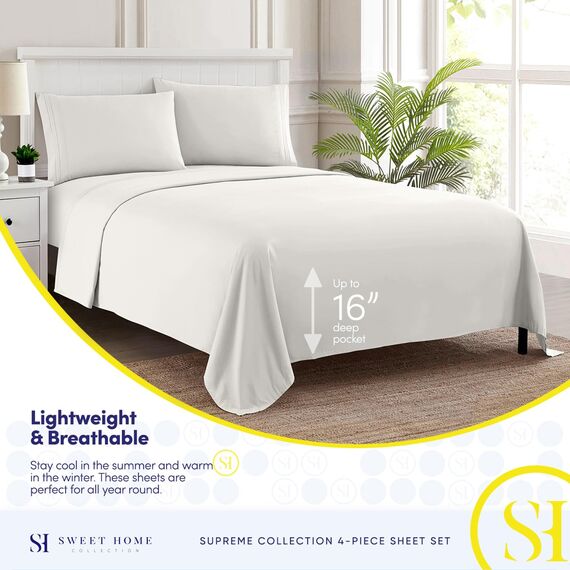 Sweet Home Collection Luxus-Bettwäsche-Set aus weicher ägyptischer Qualität, 1800 Fadenzahl, mit Bettlaken, 2 Kissenbezügen, für Doppelbett, elfenbeinfarben