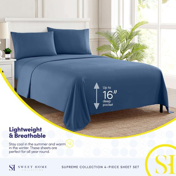 Sweet Home Collection 1800 Fadenzahl Bettwäsche Set - weiche ägyptische Qualität gebürstete Mikrofaser hypoallergen - Luxus Bettwäsche Set mit Bettlaken, 2 Kissenbezügen Bettlaken-Set Full Denim