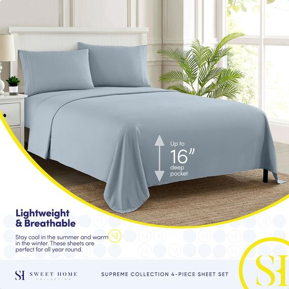 1800 Fadenzahl Bettwäsche Set - weiche ägyptische Qualität gebürstete Mikrofaser hypoallergen - Luxus Bettwäsche Set mit Bettlaken, 2 Kissenbezügen Bettlaken-Set Queen Blau - Misty Blue