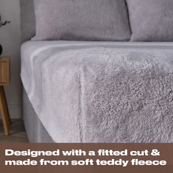 Brentfords Teddy-Fleece-Spannbettlaken, einfarbig, Thermisch, warm, weich, Luxus-Sherpa-Bettwäsche, Grau-Silber
