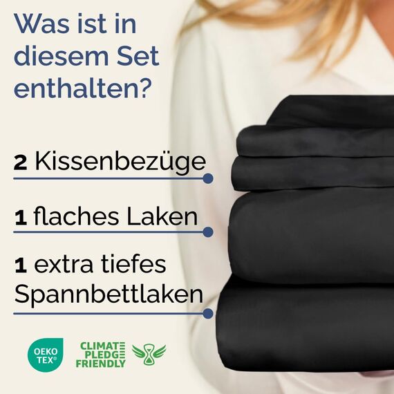 4-teiliges Bettwäscheset Schwarz - Spannbettlaken 180x200 cm, Flaches Bettlaken 270x290 cm- Weich, knitterfrei, langlebig - Für Matratzen bis 35 cm - Mikrofaser-Polyester, OEKO-TEX zertifiziert