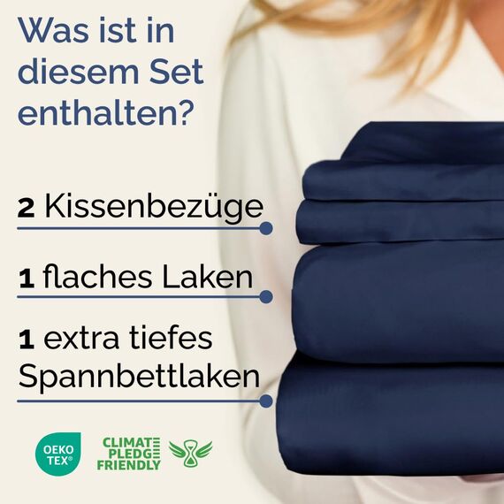 4-teiliges Bettwäscheset Marineblau - Spannbettlaken 90x190 cm, Flaches Bettlaken 170x240 cm- Weich, knitterfrei, langlebig - Für Matratzen bis 35 cm - Mikrofaser-Polyester, OEKO-TEX zertifiziert