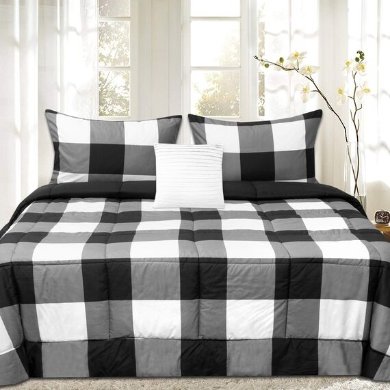7-teiliges Bettdecken-Set, einfarbig, für alle Jahreszeiten, weiche Daunen-Alternative und luxuriöse Mikrofaser-Bettlaken, Queen-Size-Bett, Büffelkariert, Schwarz/Weiß/Schwarz