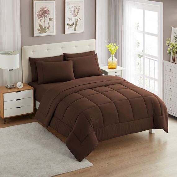 Sweet Home Collection 7-teiliges Bettdecken-Set, einfarbig, für alle Jahreszeiten, weiche Daunen-Alternative Decke und luxuriöse Mikrofaser-Bettlaken, Braun, Queensize-Bett
