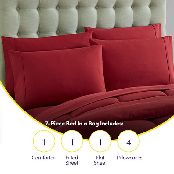 Sweet Home Collection 7 Piece Comforter Set Bag Solid Color All Season Soft Down Alternative Blanket & Luxurious Microfiber Bed Sheets, King, Red
