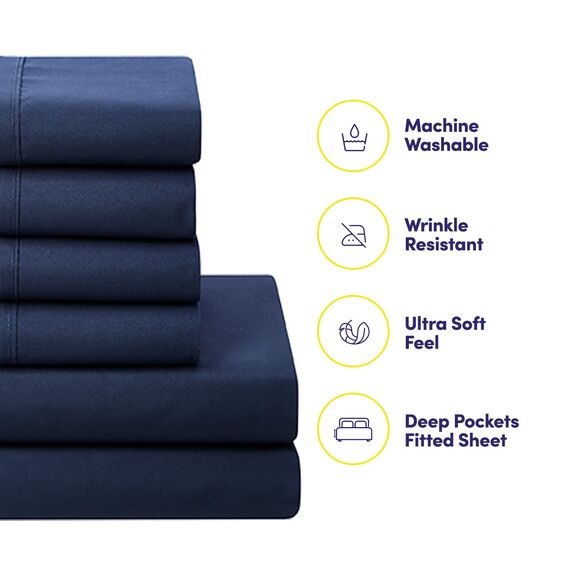 Bettdecken-Set, 7-teilige Kollektion, 1 Bettdecke, 1 Spannbetttuch, 1 Bettlaken, 4 Kissenbezüge, tiefe Tasche, weich, hochwertig, ideal für alle Jahreszeiten, Marineblau, King-Size