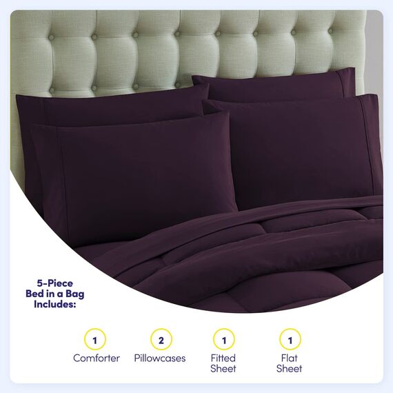 Sweet Home Collection 5 Piece Comforter Set Bag Solid Color All Season Soft Down Alternative Blanket & Luxurious Microfiber Bed Sheets, Twin XL, Purple
