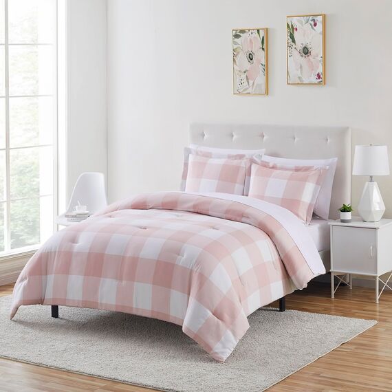 Sweet Home Collection 7-teiliges Bettdecken-Set, einfarbig, für alle Jahreszeiten, weiche Daunen-Alternative und luxuriöse Mikrofaser-Bettlaken, kariert, Kastenrot