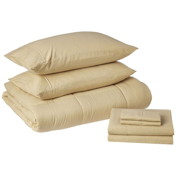 Sweet Home Collection 7-teiliges Bettwäscheset mit Tasche, einfarbig, für alle Jahreszeiten, weiche Daunen-Alternativdecke und luxuriöse Mikrofaser-Bettlaken, Kamel, Queen-Size-Bett