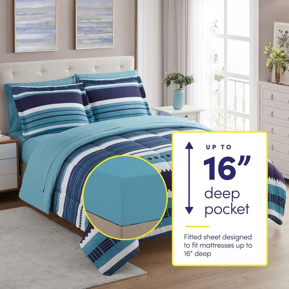 Sweet Home Collection 7-teiliges Bettwäscheset mit Tasche, einfarbig, für alle Jahreszeiten, weiche Daunen-Alternativdecke und luxuriöse Mikrofaser-Bettlaken, Marino, Queen-Size-Bett