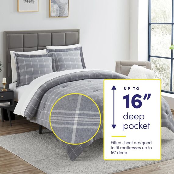Bettdecken-Set, 5-teilige Kollektion, 1 Bettdecke, 1 Spannbetttuch, 1 Bettlaken, 2 Kissenbezüge, Tiefe Tasche, weich, hochwertig, ideal für alle Jahreszeiten, Graue Karos, Doppelbetten-Größe XL