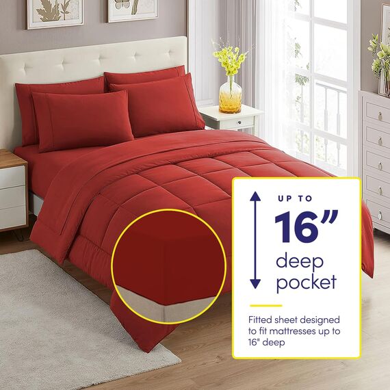 Sweet Home Collection 7 Piece Comforter Set Bag Solid Color All Season Soft Down Alternative Blanket & Luxurious Microfiber Bed Sheets, King, Red