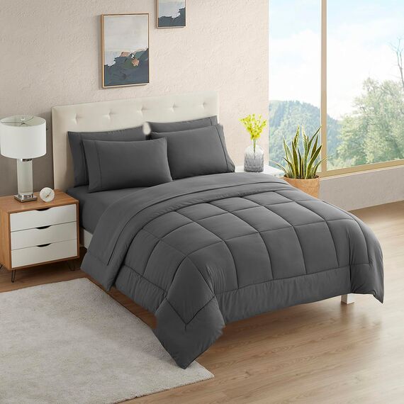 Bettwäscheset für California-King-Betten, weich und atmungsaktiv, 1 Bettdecke, 1 Spannbetttuch, 1 Bettlaken, 4 Kissenbezüge, mit tiefen Taschen, ideal für alle Jahreszeiten, 7-teilig, Grau