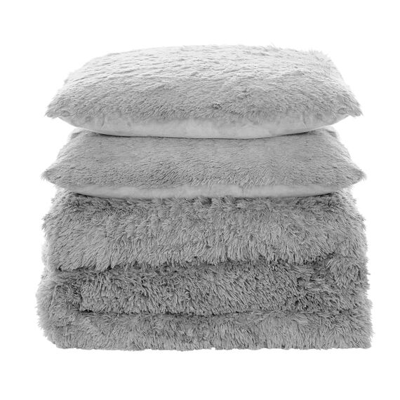 Kunstfell-Bettdecken-Set, weich, atmungsaktiv, 5-teilige Kollektion, hochwertig, 1 Bettdecke, 1 Spannbetttuch, 1 Bettlaken, 1 Kissenbezug, 1 Zierkissenbezug, Tiefe Tasche, Silber, Doppelbett-Größe