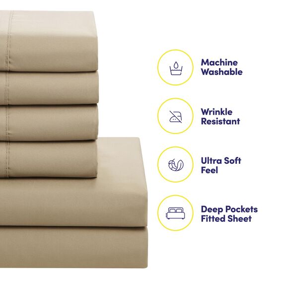 Bettwäsche-Set für Doppelbetten – 5-teilige Bettwäsche-Kollektion – 1 Steppdecke, 1 Spannbetttuch, 1 flach, 2 Kissenbezüge – Tiefe Tasche – weich und atmungsaktiv – ideal für alle Jahreszeiten, Taupe