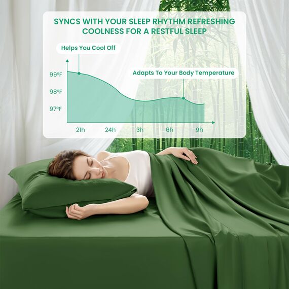 SONORO KATE Bettlaken aus 100 % Viskose aus Bambus, Queen-Size-Größe, ultra-atmungsaktiv und kühlend, für heiße Schläfer, luxuriöse seidige Bettwäsche, 40,6 cm tiefe Taschen, 4-teilig (Olivgrün