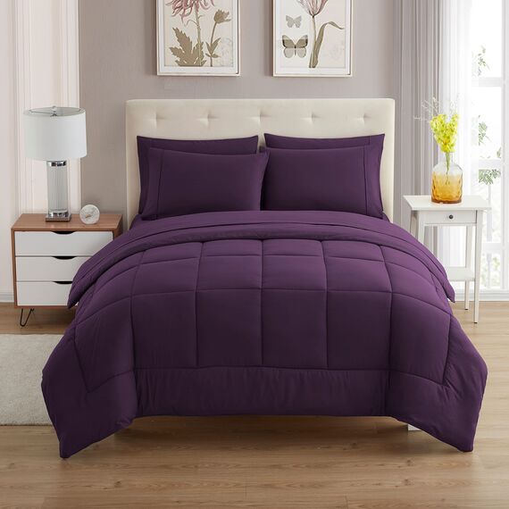 Sweet Home Collection 7-teiliges Bettdecken-Set, einfarbig, für alle Jahreszeiten, weiche Daunen-Alternative Decke und luxuriöse Mikrofaser-Bettlaken, Violett, Queensize-Bett