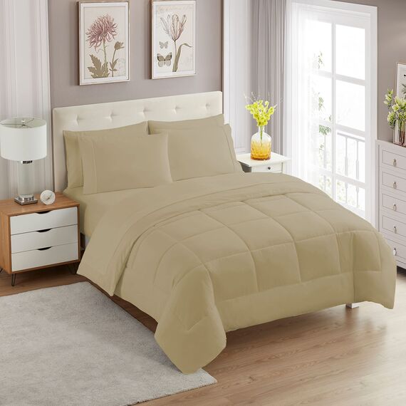 Sweet Home Collection 7-teiliges Bettdecken-Set, einfarbig, für alle Jahreszeiten, weiche Daunen-Alternative Decke und luxuriöse Mikrofaser-Bettlaken, Taupe, Queensize-Bett