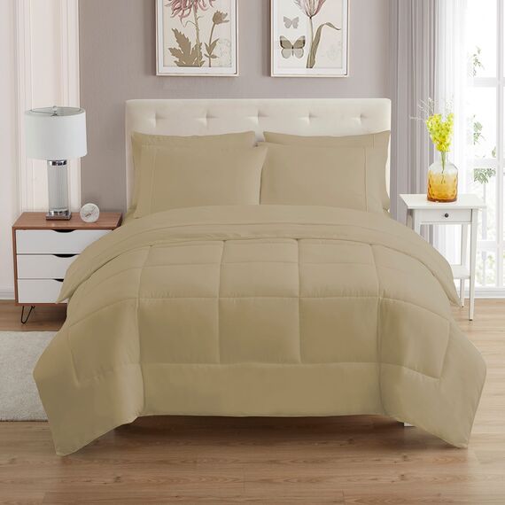 Sweet Home Collection 7-teiliges Bettdecken-Set, einfarbig, für alle Jahreszeiten, weiche Daunen-Alternative Decke und luxuriöse Mikrofaser-Bettlaken, Taupe, Queensize-Bett