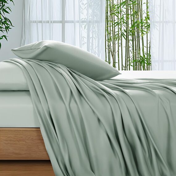 SONORO KATE Bettlaken aus 100 % Viskose aus Bambus, Queen-Size-Größe, ultra-atmungsaktiv und kühlend, für heiße Schläfer, luxuriöse seidige Bettwäsche, 40,6 cm tiefe Taschen, 4-teilig (Seeglas, Queen)