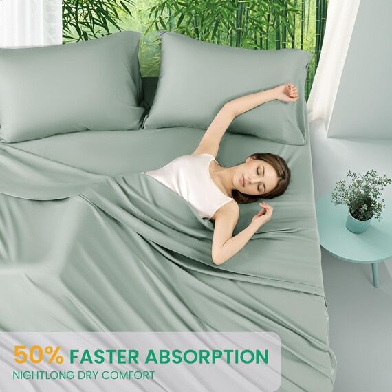 SONORO KATE Bettlaken aus 100 % Viskose aus Bambus, King-Size-Größe, ultra-atmungsaktiv und kühlend, für heiße Schläfer, luxuriöse seidige Bettwäsche, 40,6 cm tiefe Taschen, 4-teilig (Seeglas