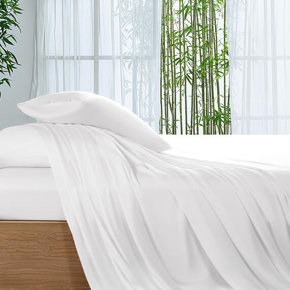 SONORO KATE Bettlaken aus 100 % Viskose aus Bambus, Cal King Size, ultra-atmungsaktiv und kühlend für heiße Schläfer, seidige Hotel-Bettwäsche, 40,6 cm tiefe Taschen, 4-teilig (Weiß, Kalk-King-Size)