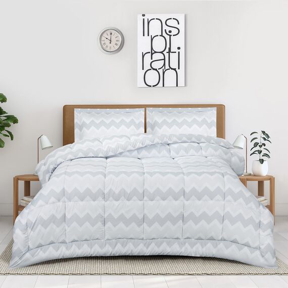 Utopia Bedding - Bettdecken-Set mit 2 Kissenbezügen, 3-teiliges Bettwäsche-Set, Daunen-Alternative, weich und bequem, maschinenwaschbar, Chevron-Grau, Queen-Size-Bett