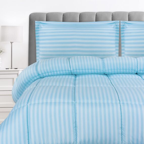 Utopia Bedding - Bettdecken-Set mit 2 Kissenbezügen, 3-teiliges Bettwäsche-Set, Daunen-Alternative, weich und bequem, maschinenwaschbar, gestreift, blau, Queen-Size-Bett