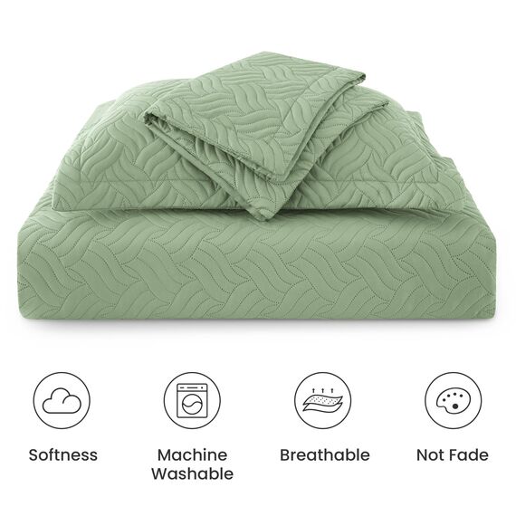Love's cabin Steppdecken für Queensize-Bett, Salbei-Tagesdecken, Bettwäsche-Set, leichte Sommer-Tagesdecke, Steppdecke mit Wellenmuster für alle Jahreszeiten, 3-teilig (1 Steppdecke, 2 Kissenbezüge)