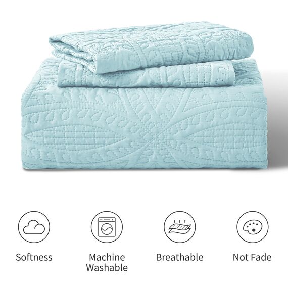 Love's Cabin Spa-Blaue Tagesdecken für King-Size-Bett, weiche Sommer-Tagesdecke, Steppdecke, moderner Stil, Münzmuster, Decke für alle Jahreszeiten, 3-teilig (1 Steppdecke, 2 Kissenbezüge)