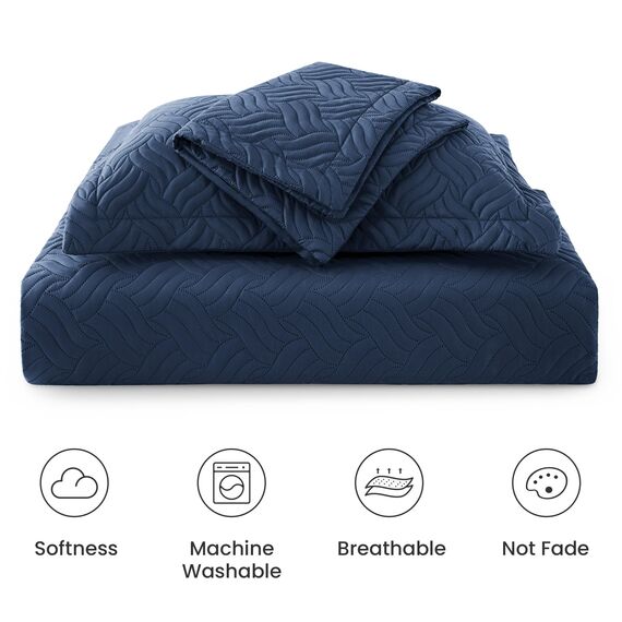 Love's cabin Steppdecken für Queensize-Bett, marineblaue Tagesdecken – weiche Sommer-Tagesdecke, Steppdecke – moderner Stil, Wellenmuster für alle Jahreszeiten, 3-teilig (1 Steppdecke, 2 Kissenbezüge)