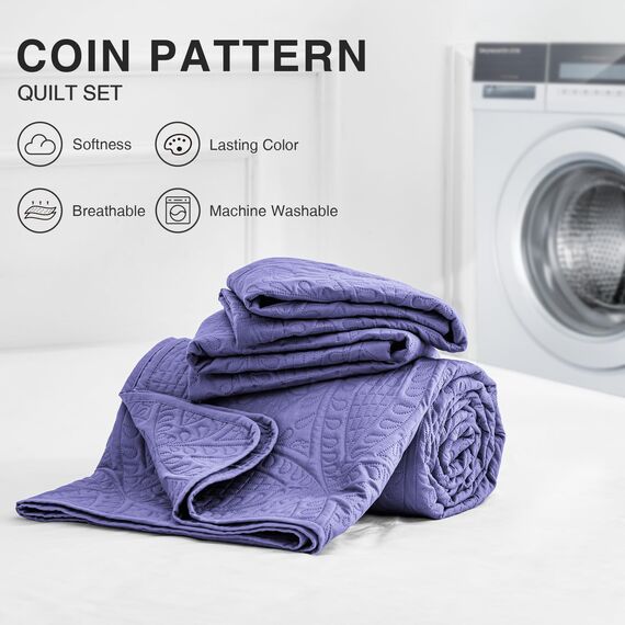 Love's cabin Quilts for Queen Bed Deep Purple Bedspreads Bedding Set - Summer Lightweight Bedspread Comforter - Coin Pattern Bedding Coverlet for All Season - 3-teilig (1 Steppdecke, 2 Kissenbezüge)