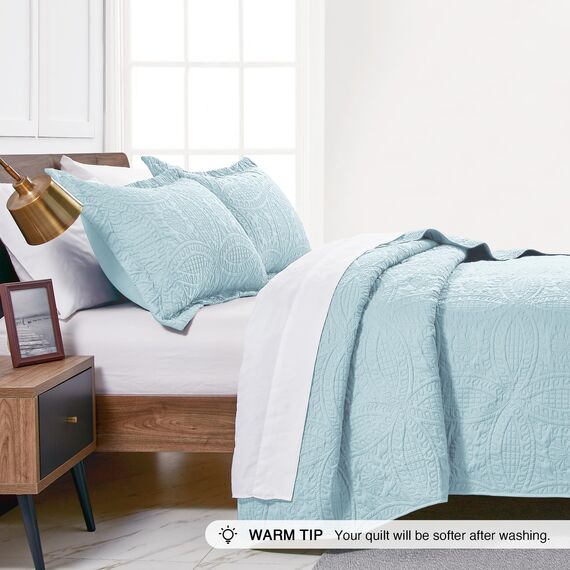 Love's cabin California King Size Bettwäsche-Set Spa-Blau Tagesdecken – weiche Sommer-Tagesdecke aus leichtem Polyester – moderner Stil mit Münzmuster für alle Jahreszeiten – 3-teilig (1 Steppdecke, 2