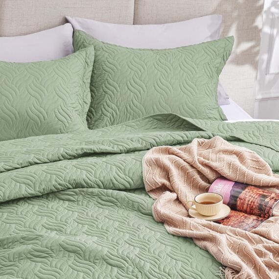 Love's cabin Steppdecken für Queensize-Bett, Salbei-Tagesdecken, Bettwäsche-Set, leichte Sommer-Tagesdecke, Steppdecke mit Wellenmuster für alle Jahreszeiten, 3-teilig (1 Steppdecke, 2 Kissenbezüge)