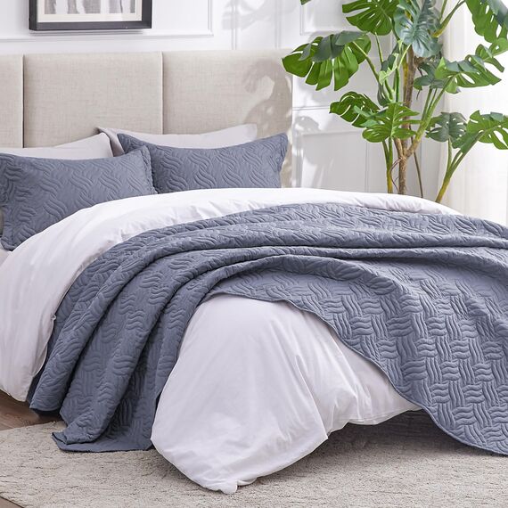 Love's cabin Bettwäsche-Set für Doppelbett, bläulich-graue Tagesdecken – weiche Sommerdecke, leichte Tagesdecke – Wellenmuster Bettwäsche für alle Jahreszeiten – 2-teilig (1 Steppdecke, 1 Kissenbezug)